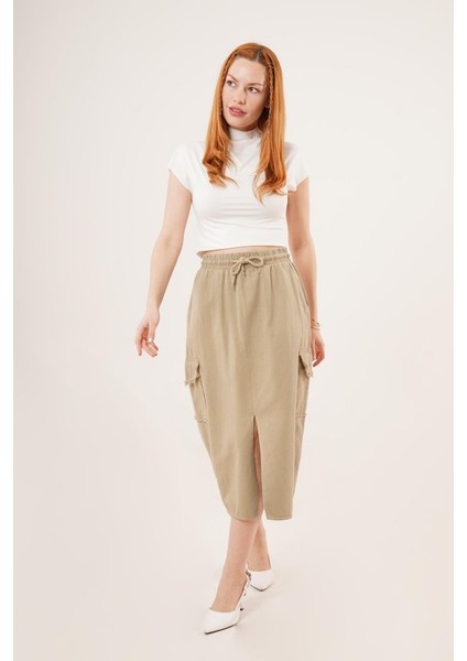 Ön Yırtmaçlı Cep Detaylı Haki Etek