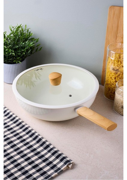 Danish Cook Beige Indüksiyon Tabanlı Kapaklı Wok Tava 30 cm