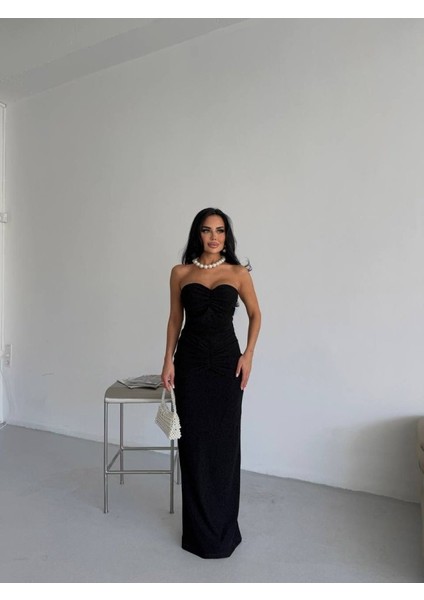 Straplez Simli Uzun Elbise