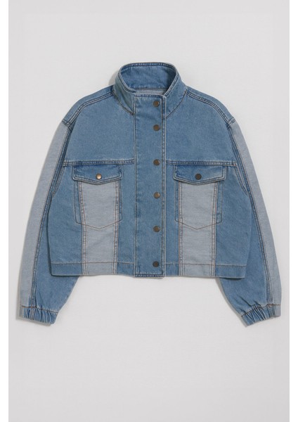Kadın Renk Bloklu Oversize Jean Ceket