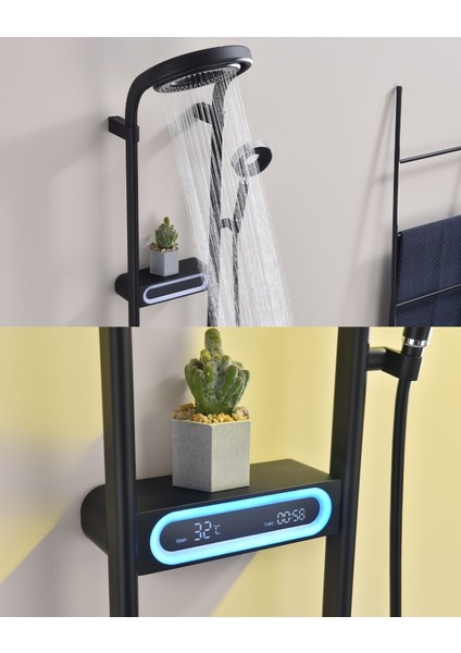 Dijital LED Ekran ve Termostatlı Robot Duş Seti Siyah Lüx Şelale Yağmur Duş Sistemi 7 Yıl Garantili Ithal