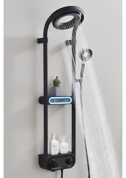 Dijital LED Ekran ve Termostatlı Robot Duş Seti Siyah Lüx Şelale Yağmur Duş Sistemi 7 Yıl Garantili Ithal