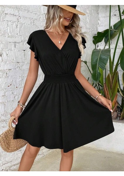 Kadın Kısa Kollu Kruvaze Yaka Beli Gipeli Bürümcük Elbise