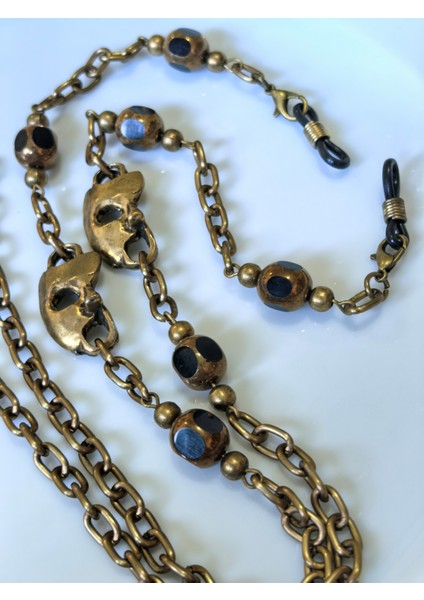 Otantik Gözlük Zinciri Antik Atın Rengi Zincirli Mask Figürlü Gerçek Kristal Taşlı Gözlük Askısı