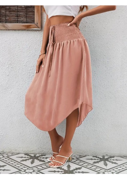 Kadın Yüksek Bel Belden Bağlamalı Asimetrik Kesim Detaylı Sandy Etek