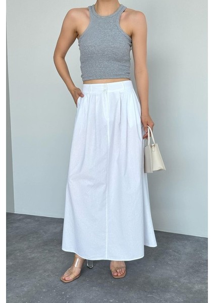 Ince Pileli Düz Etek - Beyaz