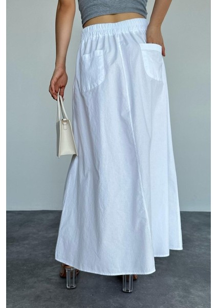 Ince Pileli Düz Etek - Beyaz