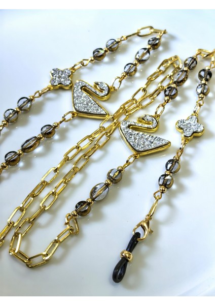 Gözlük Zinciri Altın Kaplama Zincirli Beyaz Kuğu Figürlü Kristal Taş Boncuklu Gözlük Askısı