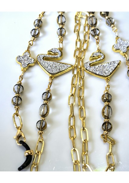 Gözlük Zinciri Altın Kaplama Zincirli Beyaz Kuğu Figürlü Kristal Taş Boncuklu Gözlük Askısı fiyatları