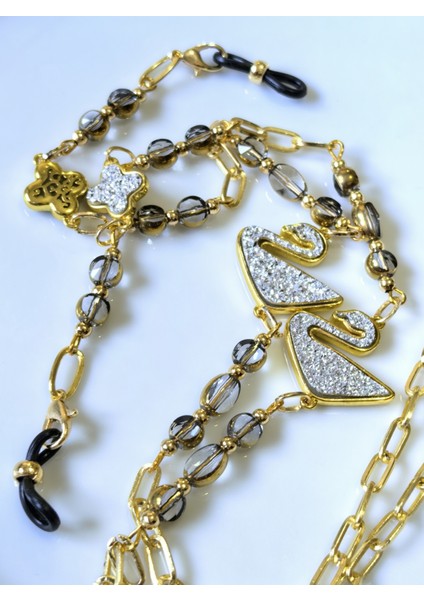 Gözlük Zinciri Altın Kaplama Zincirli Beyaz Kuğu Figürlü Kristal Taş Boncuklu Gözlük Askısı modelleri