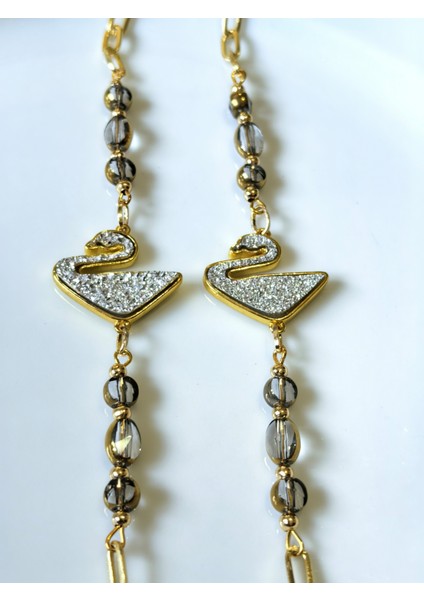 Gözlük Zinciri Altın Kaplama Zincirli Beyaz Kuğu Figürlü Kristal Taş Boncuklu Gözlük Askısı