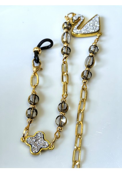 Gözlük Zinciri Altın Kaplama Zincirli Beyaz Kuğu Figürlü Kristal Taş Boncuklu Gözlük Askısı