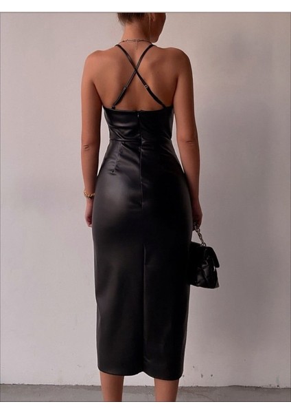 Siyah Sırt Dekolteli Deri Elbise modelleri