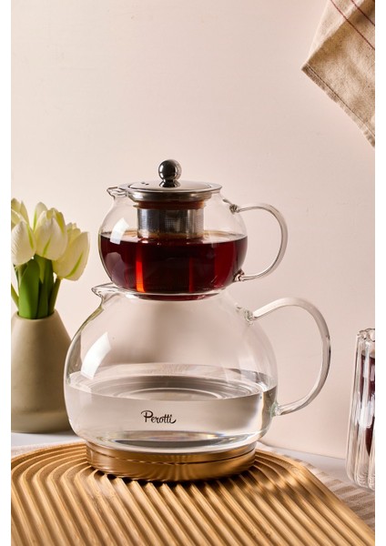 Diego Indüksiyon Tabanlı Borosilikat Cam Çaydanlık Takımı 500 ml Demlik 1800 ml Suluk