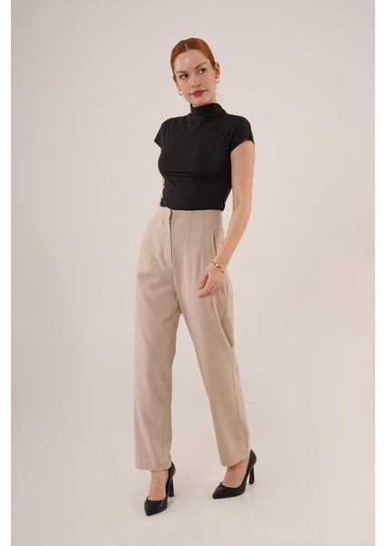 Çift Pens Detaylı Krem Pantolon