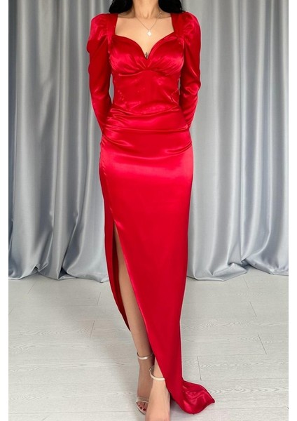 Kırmızı Göğsü Kuplu Yırtmaçlı Elbise modelleri