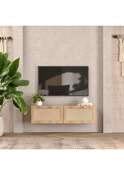 Babil Ceviz Ahşap Rengi Mdf Hazeran Detaylı Rattan 120 cm Tv Ünitesi