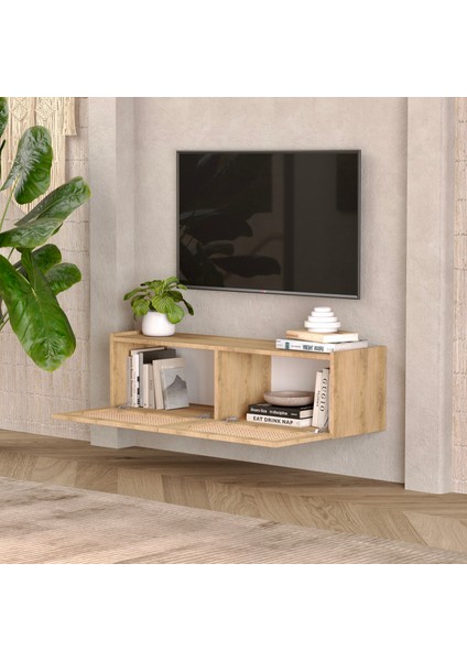 Babil Ceviz Ahşap Rengi Mdf Hazeran Detaylı Rattan 120 cm Tv Ünitesi modelleri