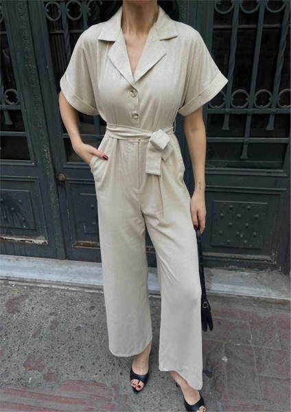 Keten Tulum Bel Bağlama Detaylı - Krem fırsatları