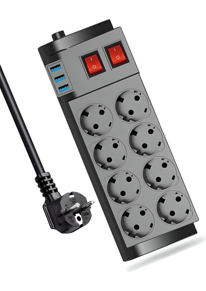 8'li Priz 3x USB 2mt Uzatma Kablosu Termal Akım Korumalı Çoklu Priz