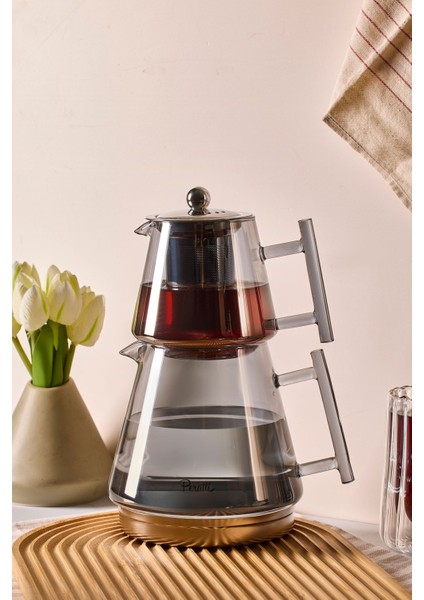 Franca Füme Indüksiyon Tabanlı Borosilikat Cam Çaydanlık Takımı 550 ml Demlik 1000 ml Suluk