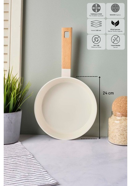 Cookwood Beige Indüksiyon Tabanlı Ahşap Saplı Seramik Tava 24 cm fiyatları