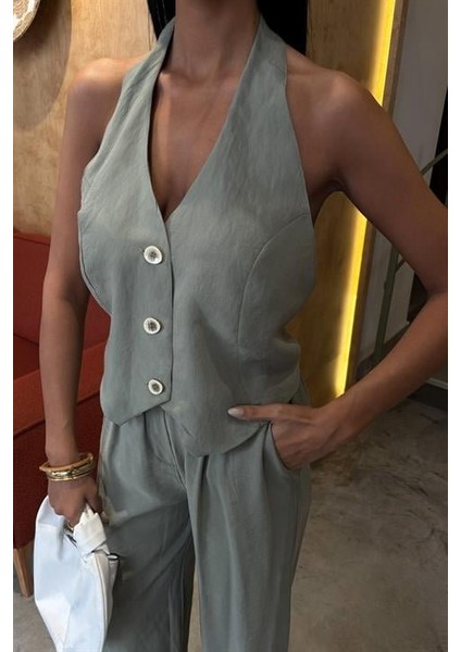 Halter Yaka Yelekli Modal Takım 10144