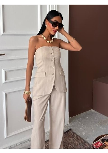 Straplez Büstiyerli Plazzo Pantolonlu Çizgili Takım 10151 fırsatları