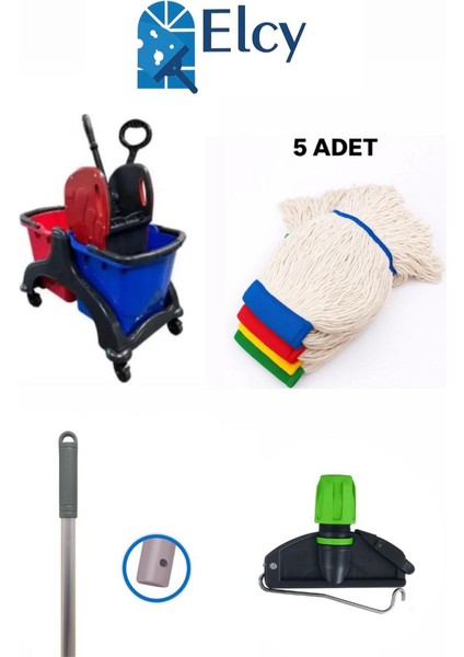 Çift Kovalı Plastik Temizlik Arabası Paspas Arabası Islak Mop Seti 5 Adet Islak Mop