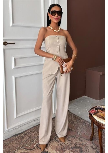 Straplez Büstiyerli Plazzo Pantolonlu Çizgili Takım 10151