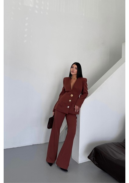 Tasarım Ceket-Pantolon Takım Metal Düğme Detaylı - Kahverengi