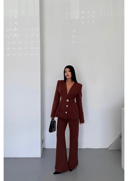 Tasarım Ceket-Pantolon Takım Metal Düğme Detaylı - Kahverengi fiyatları