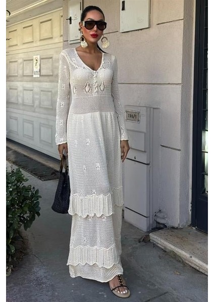 Düğme Detaylı ve Kat Etekli Etnik Elbise 2859