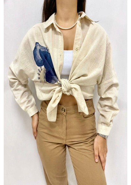 Bej Taş Işlemeli Keten Gömlek