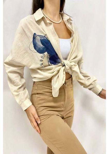 Bej Taş Işlemeli Keten Gömlek