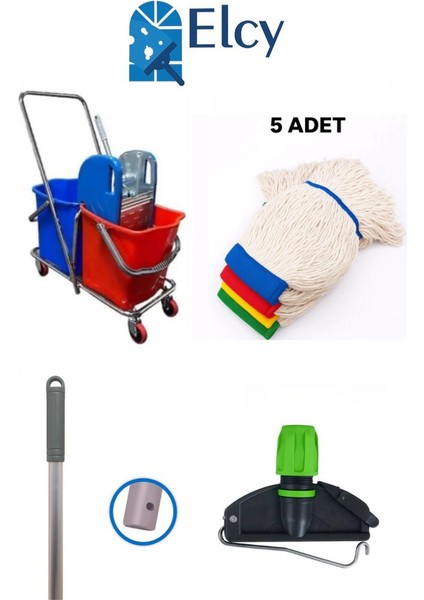 Çift Kovalı Krom Temizlik Arabası Paspas Arabası Sap Mop Aparat (Çelik Pressli)