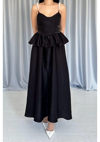 Siyah Beli Büzgülü Inci Askılı Uzun Elbise modelleri