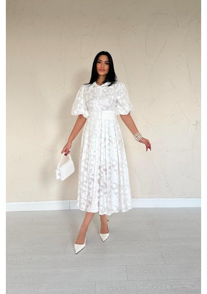 Ekru Kemerli Balon Kollu Elbise modelleri
