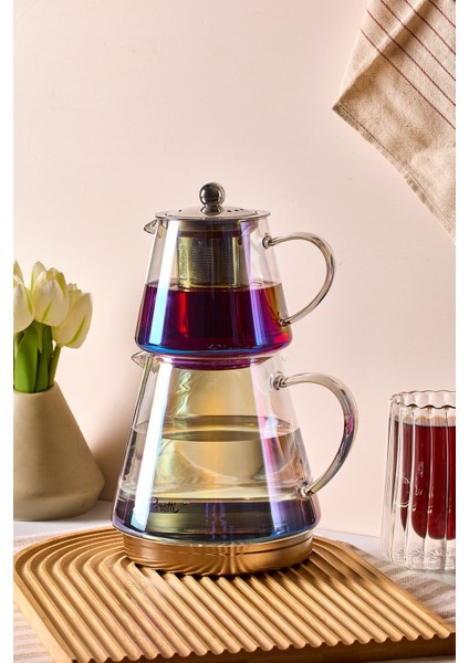Flavio Luster Indüksiyon Tabanlı Borosilikat Cam Çaydanlık Takımı 550 ml Demlik 1000 ml Suluk