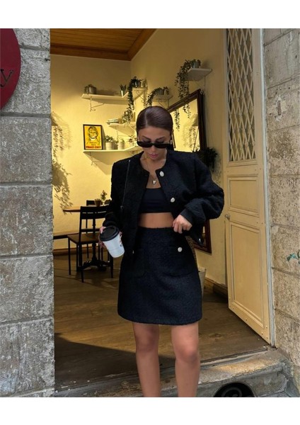 Chanel Crop Ceket-Kısa Etek Takım - Siyah