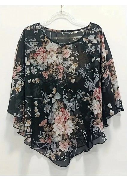 Kadın Kısa Kollu Yuvarlak Yaka Çiçek Baskılı Asimetrik Kesim Şifon Bluz