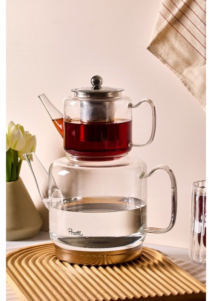 Elio Indüksiyon Tabanlı Borosilikat Cam Çaydanlık Takımı 500 ml Demlik 1800 ml Suluk