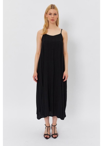 Askılı Uzun Çan Elbise - Siyah