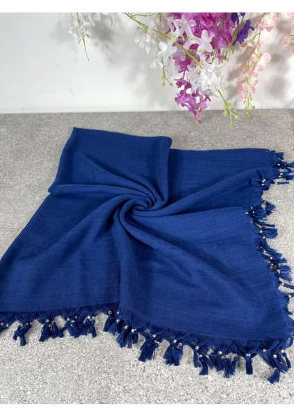 Mavi Püsküllü Yazma Eşarp – Pamuklu, Şık ve Rahat Kullanım