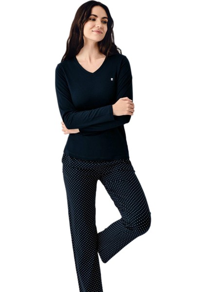 Kadın Lacivert Uzun Kollu Pijama Takımı 9091