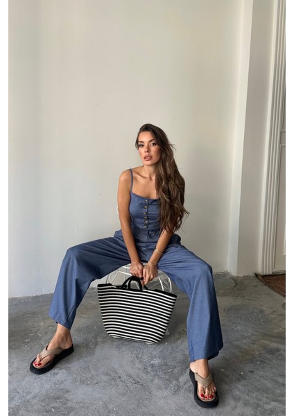 Tencel Crop Askılı Bluz - Şalvar Pantolon Tk - Indigo fiyatları