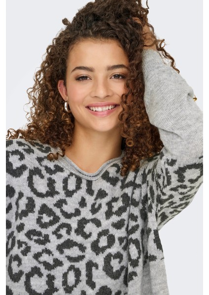 Kadın Onljade Bisiklet Yaka Desenli Örme Kazak 15294969 Açık Gri