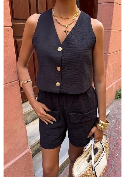 Mini Yelekli Şortlu Keten Takım 10176-08