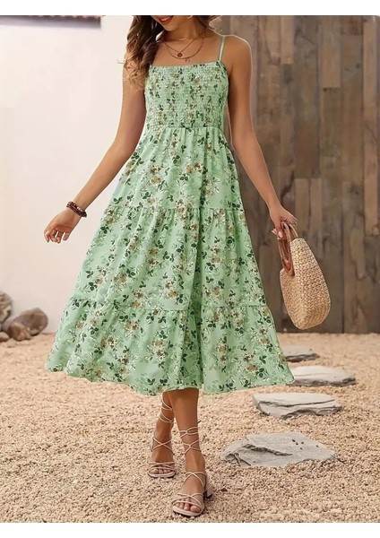 Kadın Ip Askılı Geniş V Yakalı Desenli Uzun Süprem Elbise fiyatları