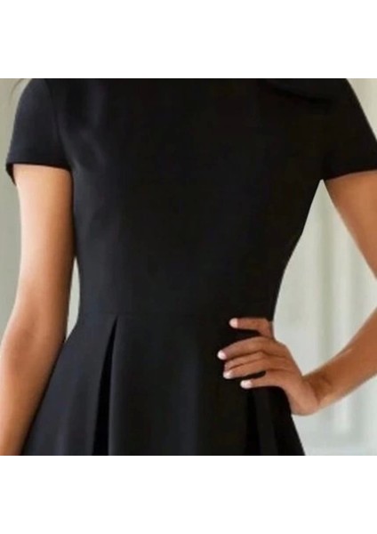 Kadın Kısa Kollu Yarı Balıkçı Yaka Pileli Janjan Krep Midi Elbise fiyatları